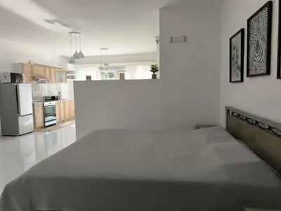 a bedroom with a large bed and a kitchen at Costelia Studio in Ialyssos