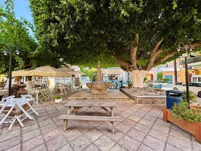 a park with a fountain and tables and a tree at Maison de Léa in Sálakos