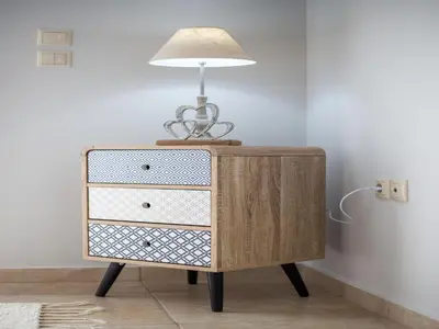a table with a lamp on top of a dresser at 2-Bedroom Villa with Private Pool in Kalithies in Faliraki