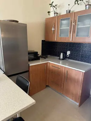 a kitchen with wooden cabinets and a stainless steel refrigerator at Sunny Garden in Koskinou