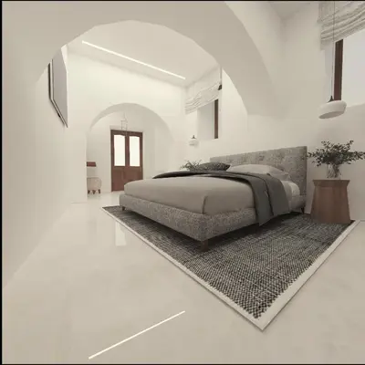 a white bedroom with a bed and a rug at The Wine Suites in Rhodes Town