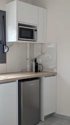 a kitchen with a counter with a microwave at Nirea Tree View Studio in Faliraki