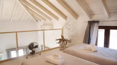 a bedroom with two beds and a fan at Villa Aristoteles in Halki