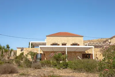 a house in the middle of a yard with bushes at Villa Romanza beach villa in Halki