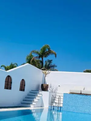 a white house with a pool and a palm tree at Casa Evita in Gennadi