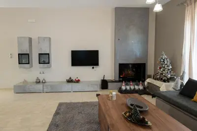 a living room with a christmas tree and a fireplace at Mary Luxury House in Émbonas
