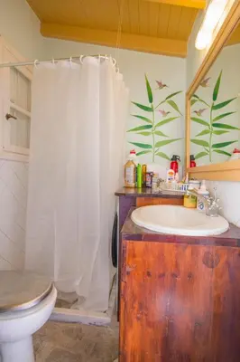 a bathroom with a sink and a toilet and a mirror at Symi Traditional Appartment in Symi