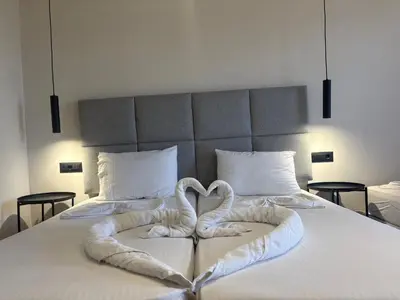 two swans making a heart on a bed at Barbie II in Ialyssos