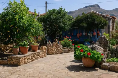 a garden with potted plants and trees and a building at Rhodes Archaggelos Nests - Fully Equipped Getaways in Archangelos