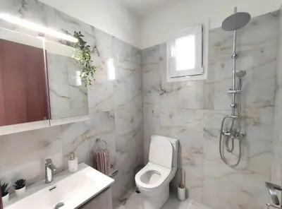 a bathroom with a toilet and a sink and a shower at Villa with 2 bedrooms - 2 bathrooms - Private pool in Haraki