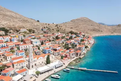 an aerial view of a town next to the ocean at Isminis Villa in Halki