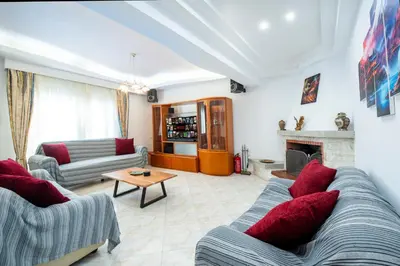 a living room with two couches and a fireplace at Golden Grove in Afantou