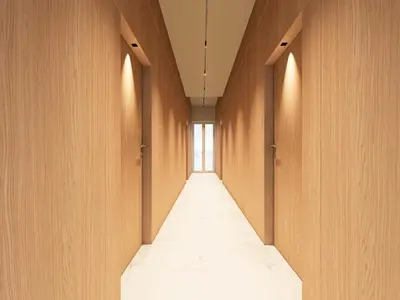 a corridor of a hallway with wooden walls and a window at Essence 55 Living in Rhodes Town