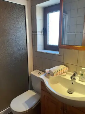 a bathroom with a sink and a toilet and a mirror at Traditional Stay in Archangelos