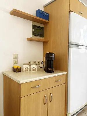a kitchen with a coffee maker on a counter next to a refrigerator at Blue View in Livadia