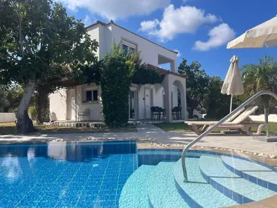 a villa with a swimming pool in front of a house at Villa Fig Tree in Phanaes