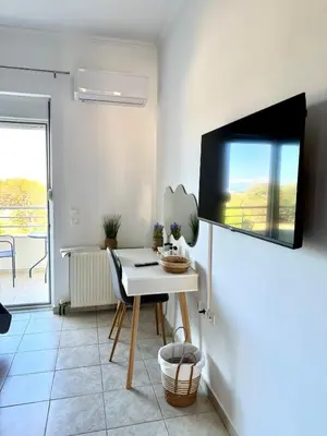 a room with a table and a tv on a wall at Andreana s View House Rhodes in Asgourou