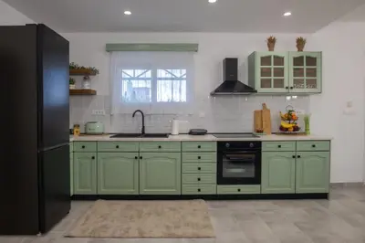 a kitchen with green cabinets and a black refrigerator at maison de rivière in Afantou