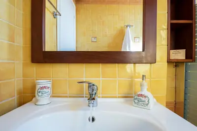 a bathroom sink with a mirror and a bottle of soap at Villa Salamina in Lachania