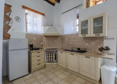 a kitchen with a white refrigerator and a sink at Maison Lemonia in Lardos
