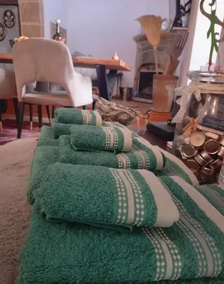 a row of green pillows on the floor in a living room at Heritage House Malonas in Malona Village