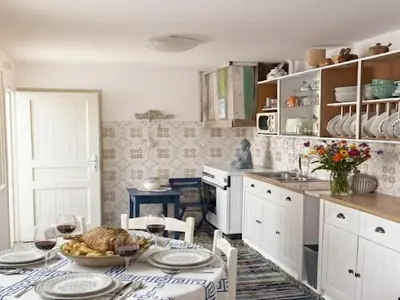 a kitchen with a table with a turkey on it at Heritage House Malonas in Malona Village