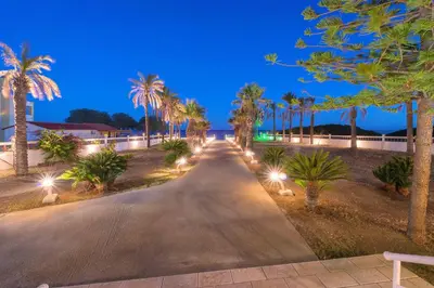 a road with palm trees and lights at night at Villa Maria Beachfront Residence in Kiotari