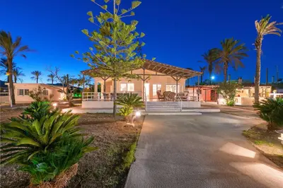 a house with palm trees and a driveway at Villa Maria Beachfront Residence in Kiotari
