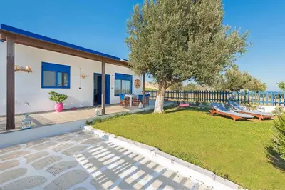 a yard with a tree and a house at Stegna House Sea View in Archangelos
