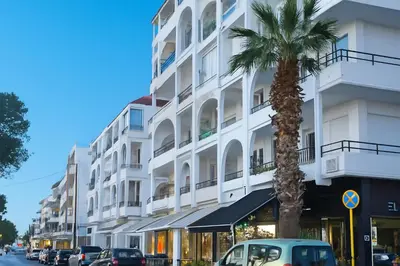 a white building with a palm tree in front of it at Apartment Dream Holidays - 500 meters to beach in Ialyssos