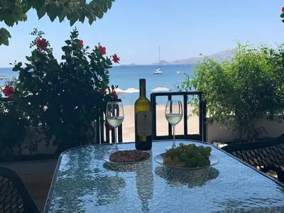 a table with a bottle of wine and a plate of fruit at Haraki Beach House in Haraki