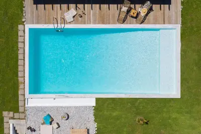 an overhead view of a swimming pool in a yard at Villa Sevil in Lachania