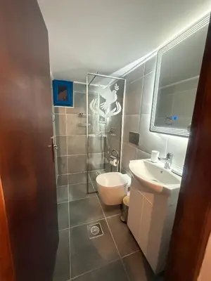 a bathroom with a shower and a toilet and a sink at Occasus Room in Halki