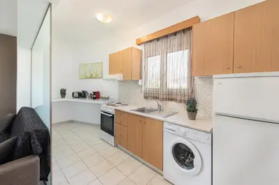 a kitchen with a washer and dryer in a room at Savvas Apartment in Afantou