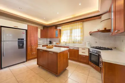 a large kitchen with wooden cabinets and stainless steel appliances at villa de calme in Pastida