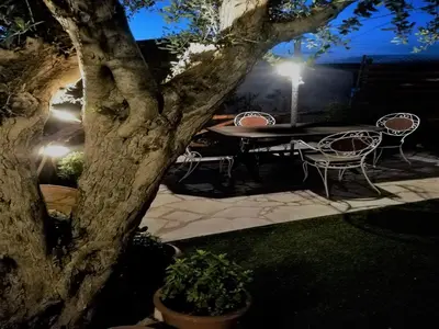 a patio with a table and chairs and a tree at Fotinis Cottage in Symi