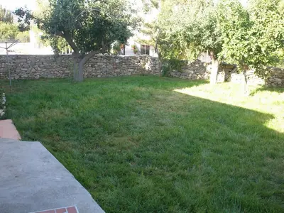 a yard with a stone wall and a tree at Casa Theoni in Kattavía