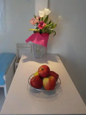 a table with a bowl of apples and a vase of flowers at Mini City Center Studio in Rhodes Town