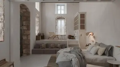 a living room with a couch and a table at Aelia mini villa in Líndos