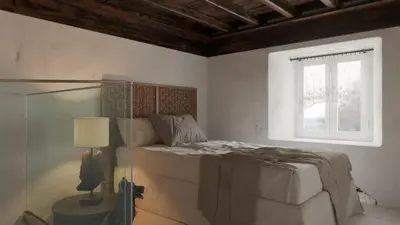 a white bedroom with a bed and a window at Aelia mini villa in Líndos
