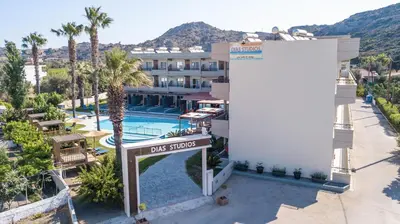 an aerial view of the davis shores hotel at Dias Studios & Suites in Faliraki