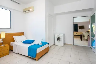 a bedroom with a bed and a washing machine at Mon Repos Hotel in Faliraki
