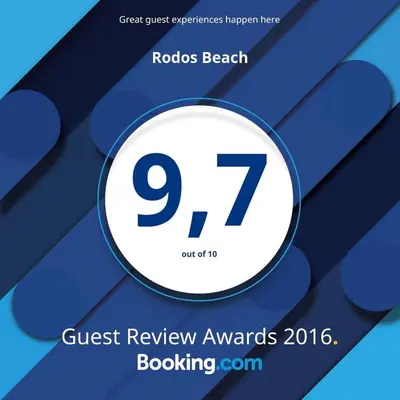 a poster for the roos beach guest review awards bookning event at Rodos Beach in Archangelos