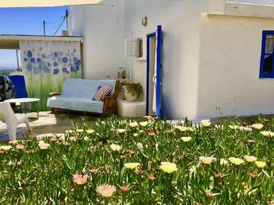 a garden with flowers in front of a house at Sandra Studio in Lachania