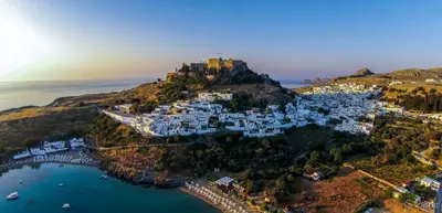 an aerial view of a village on an island at Villa Eftihia in Lindos in Líndos