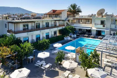 an aerial view of a hotel with a swimming pool at Ilyssion Holidays Hotel in Ialyssos