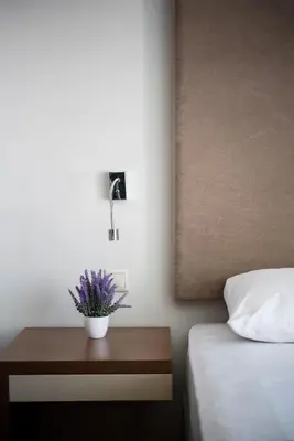 a bedroom with a bed and a table with a plant on it at Oktober Downtown Boutique Hotel in Rhodes Town