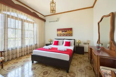 a bedroom with a large bed with red pillows at Villa Agia Galini in Archangelos