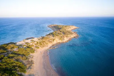 an aerial view of an island in the ocean at Edem Paradise in Plimmiri