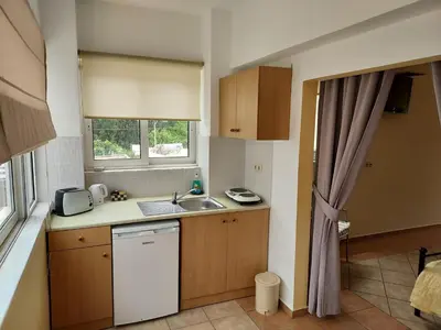 a small kitchen with a sink and a window at Courtyard Studios in Pefki Rhodes